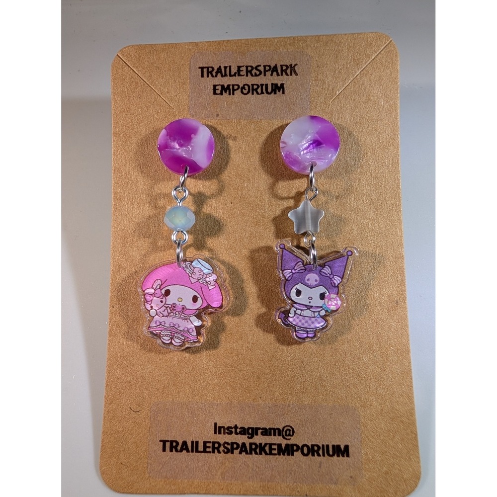 Sanrio My Melody Kuromi Mismatched Dangle Earrings Kawaii Nickel Free Purple
